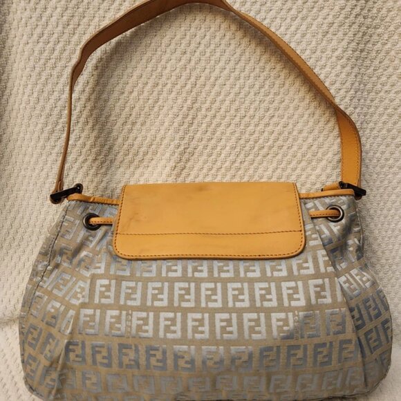 FENDI Zucchino Pattern Drawstring Handbag Purse Gray Canvas Leather - Picture 3 of 13